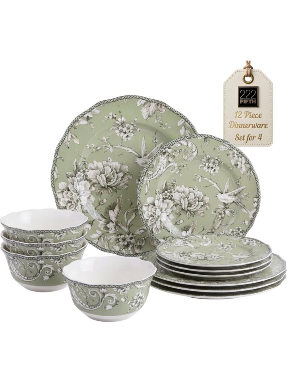 Elegant Green Porcelain Dinnerware Set – 12-Piece Service for 4, Floral Design